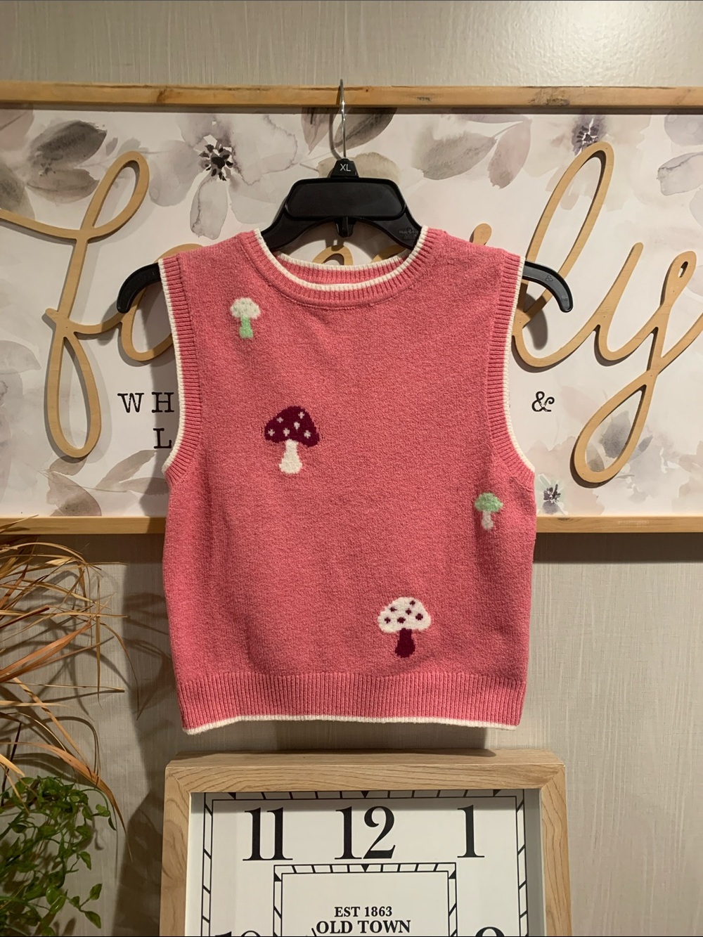 Pink Mushroom Embroidered Sweater Vest